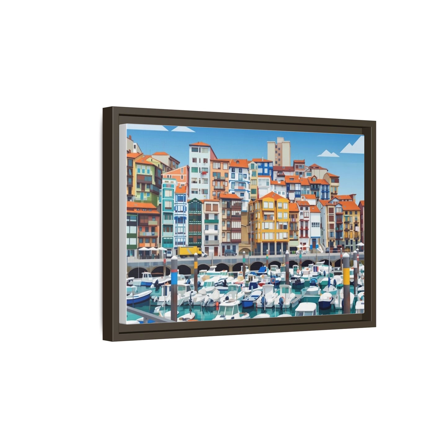 Framed Matte Canvas Print — Colorful Mediterranean Harbor Illustration