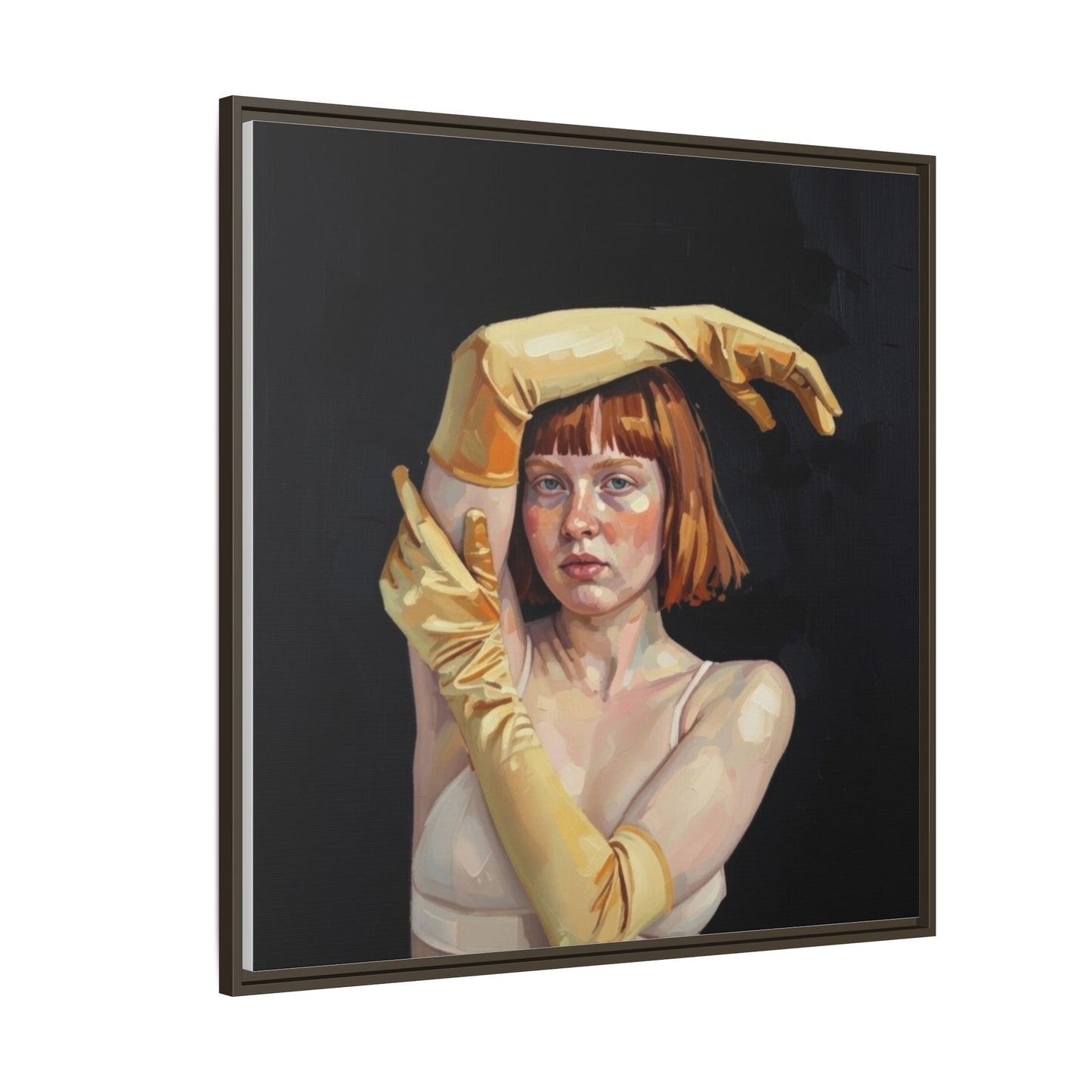 Framed Matte Canvas Art – Portrait of Woman in Yellow Gloves