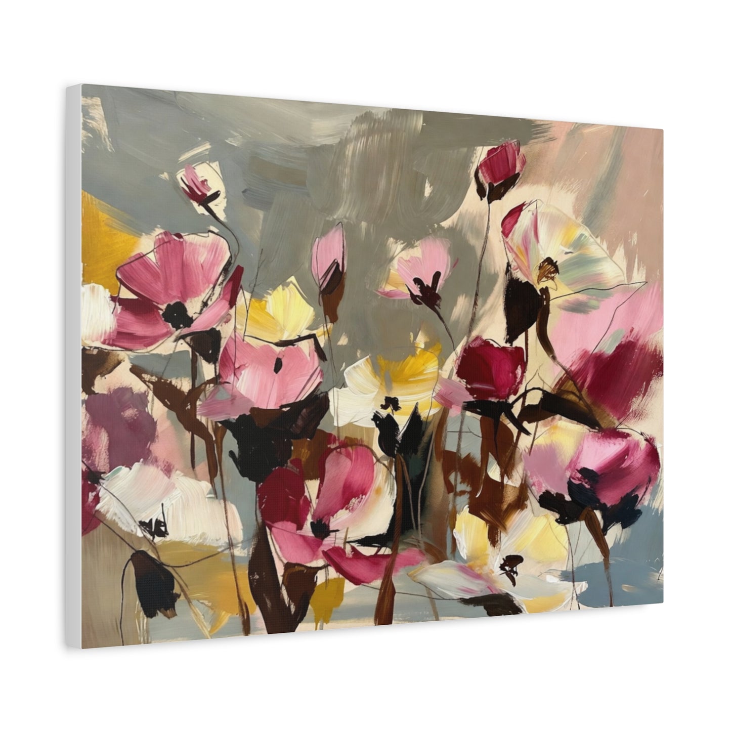 Floral Abstract Canvas Wall Art — Pink & Yellow Bloom Stretched Matte Print