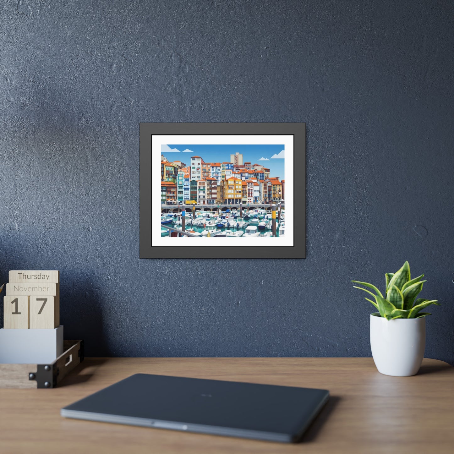 Harbor Marina Framed Poster — Colorful Coastal Cityscape Wall Art