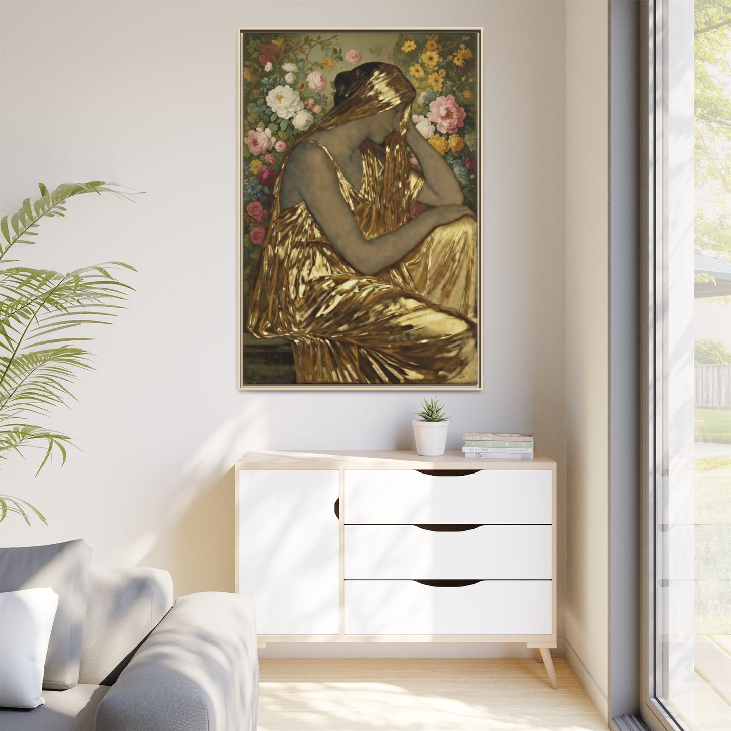 Framed Canvas Art Print — Golden Muse Woman with Floral Background