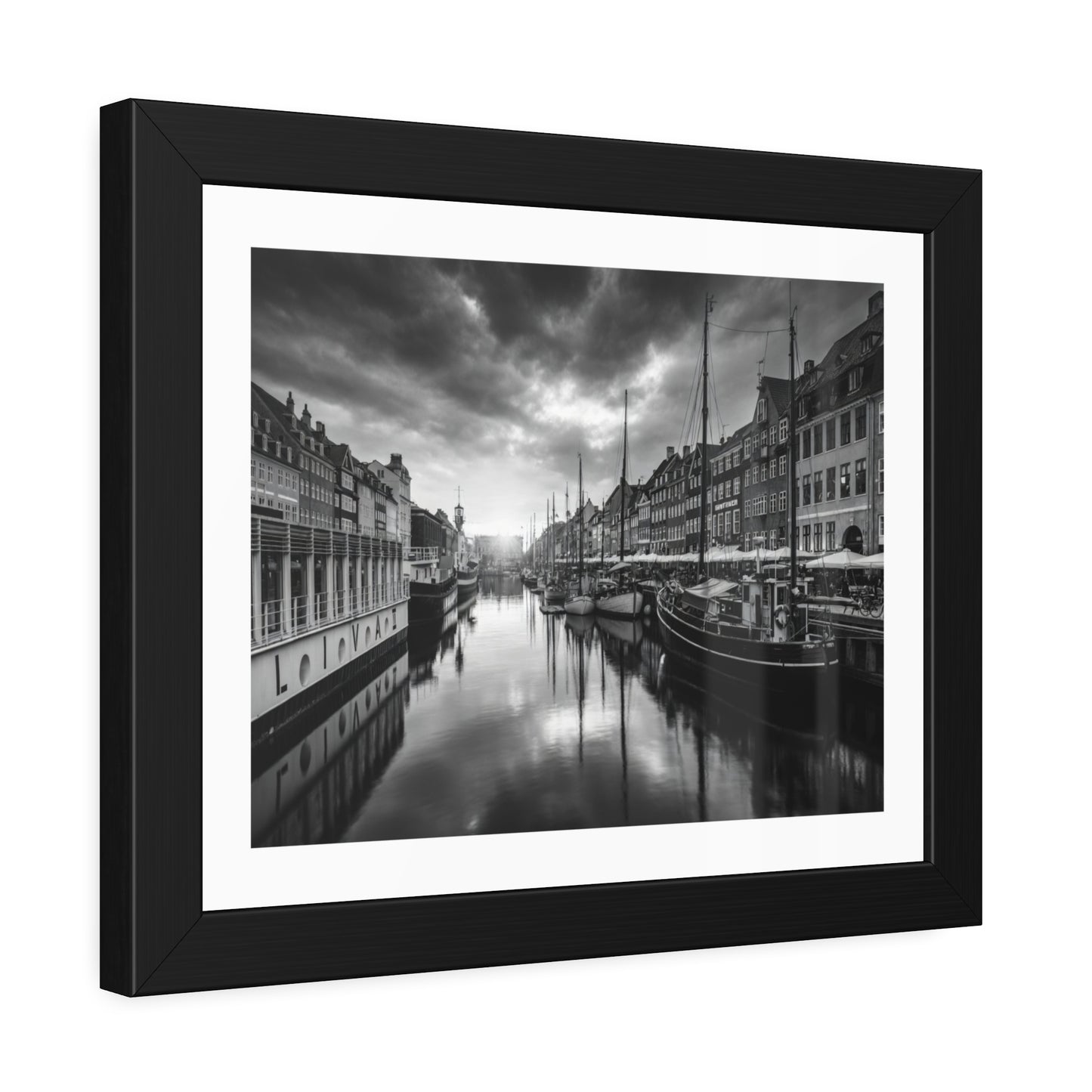 Black & White Dutch Canal Framed Photo Print — Nautical Cityscape Wall Art