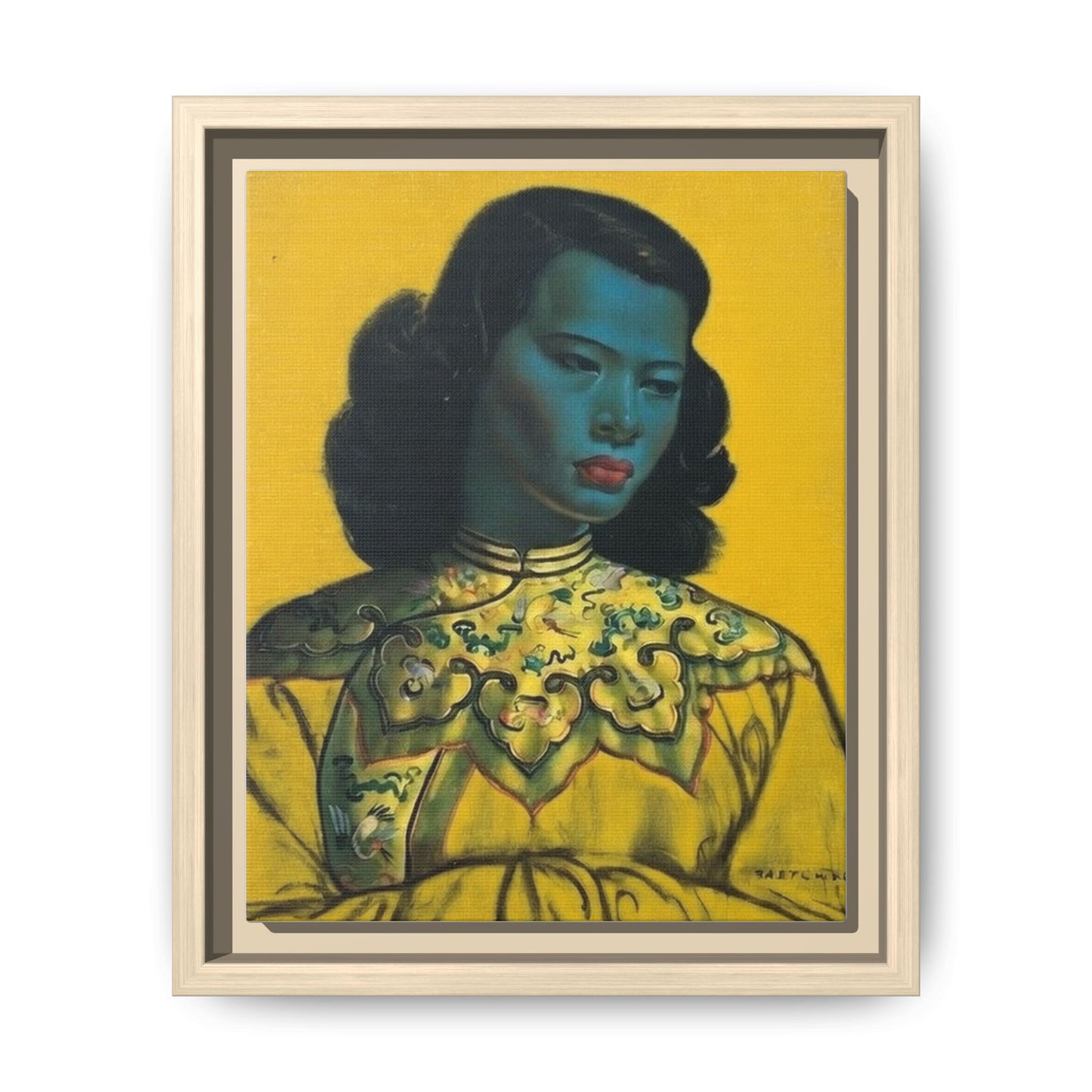 Framed Matte Canvas Art Print — Vintage Portrait with Yellow Background