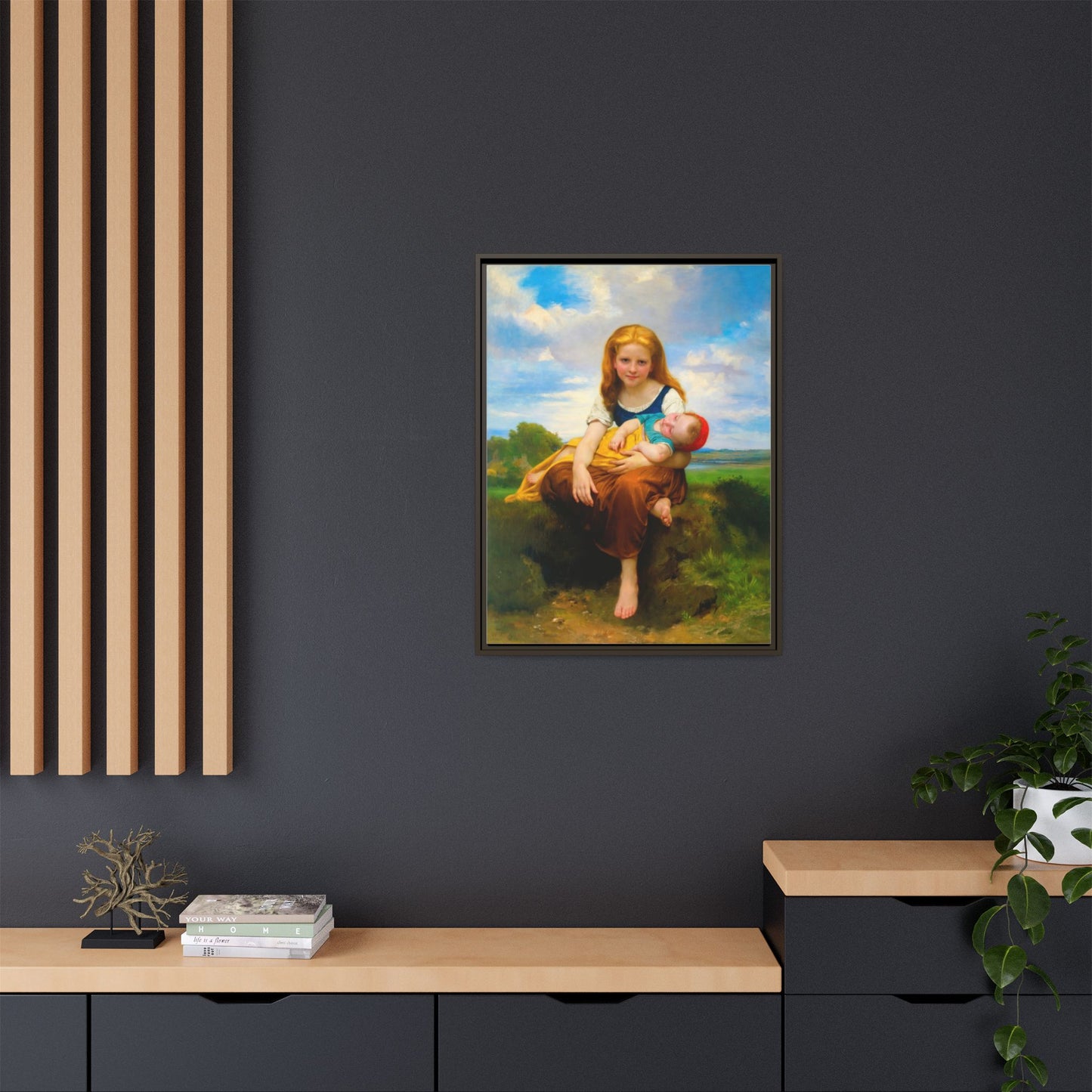 Young Girl Holding Sleeping Baby Canvas Print, Framed Wall Art