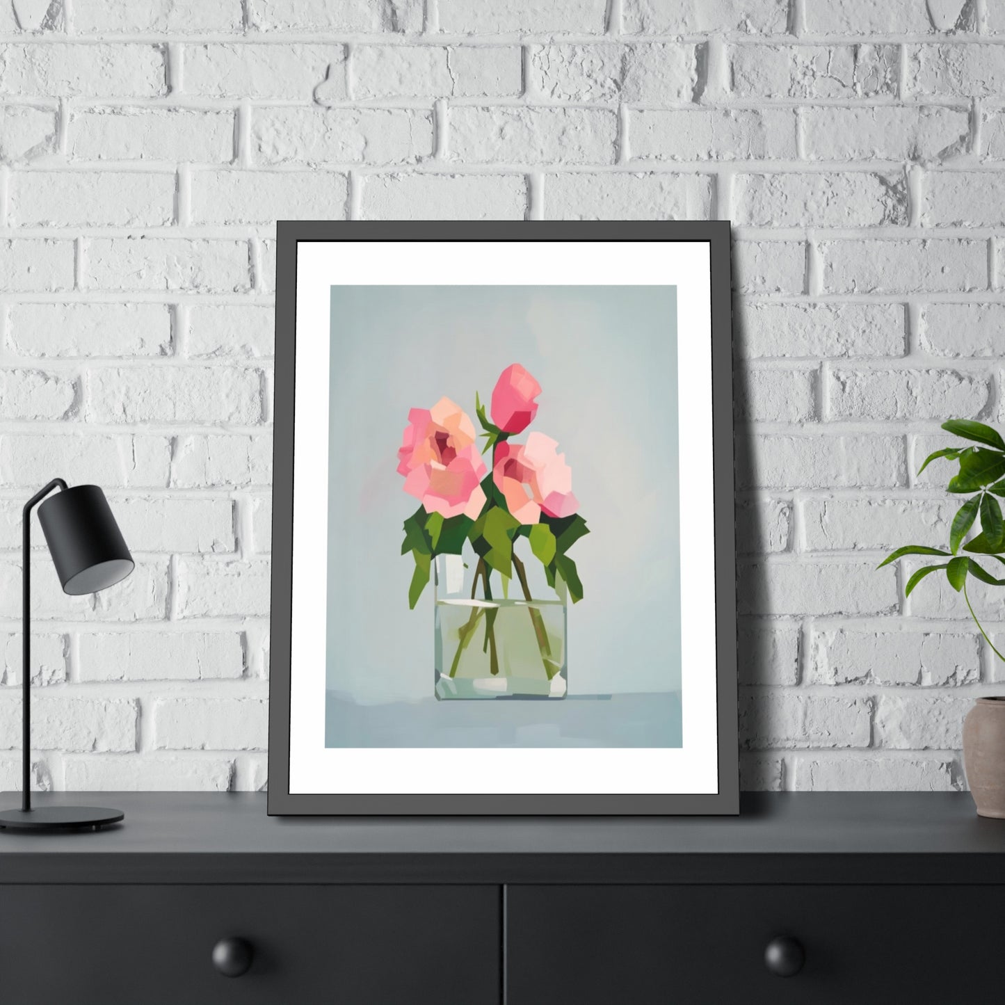 Framed Floral Poster — Pink Rose Vase Wall Art