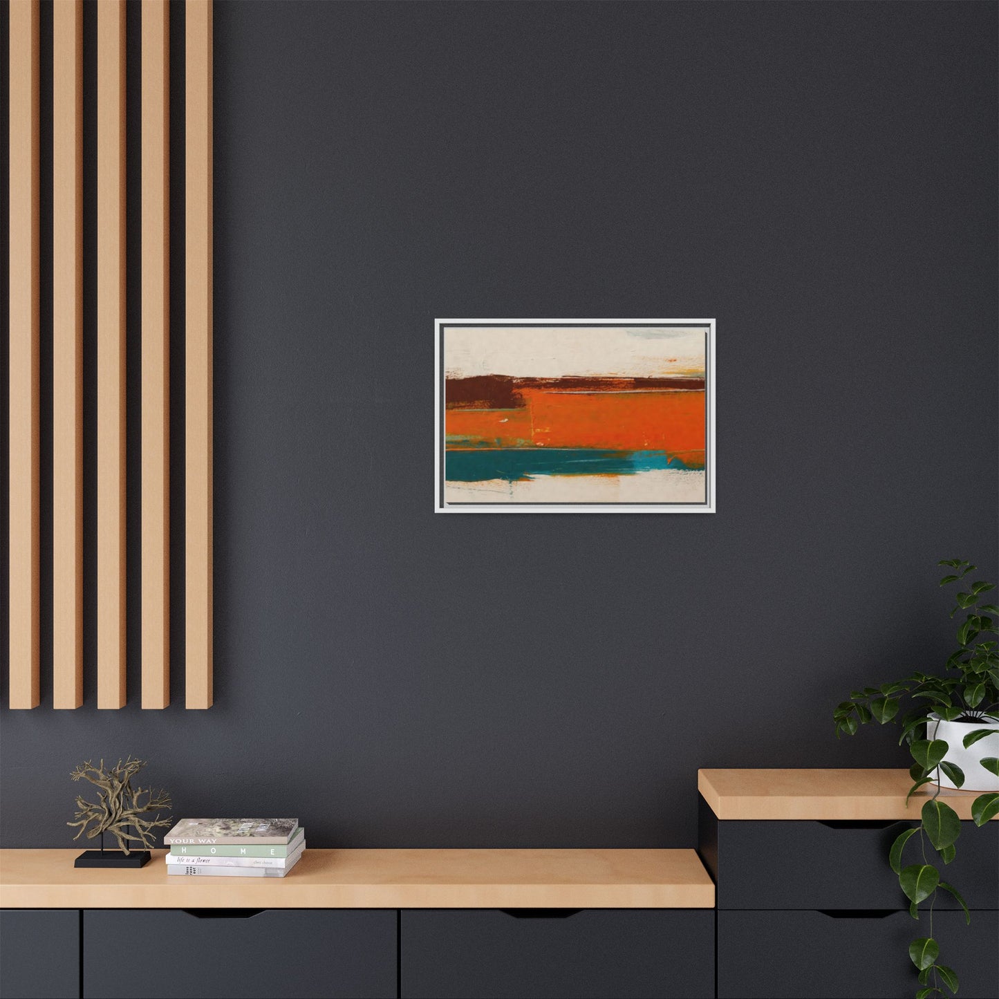 Abstract Horizon Matte Canvas Framed Print — Modern Orange Teal Wall Art