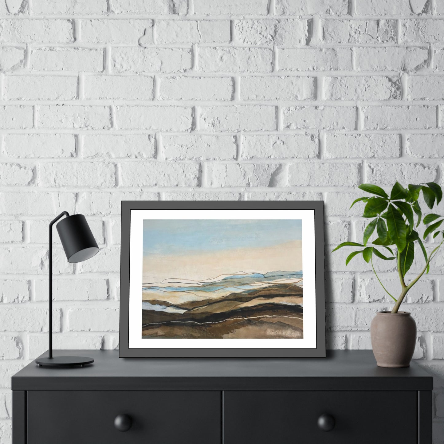 Coastal Abstract Landscape Framed Poster — Serene Blue & Earthtone Wall Art