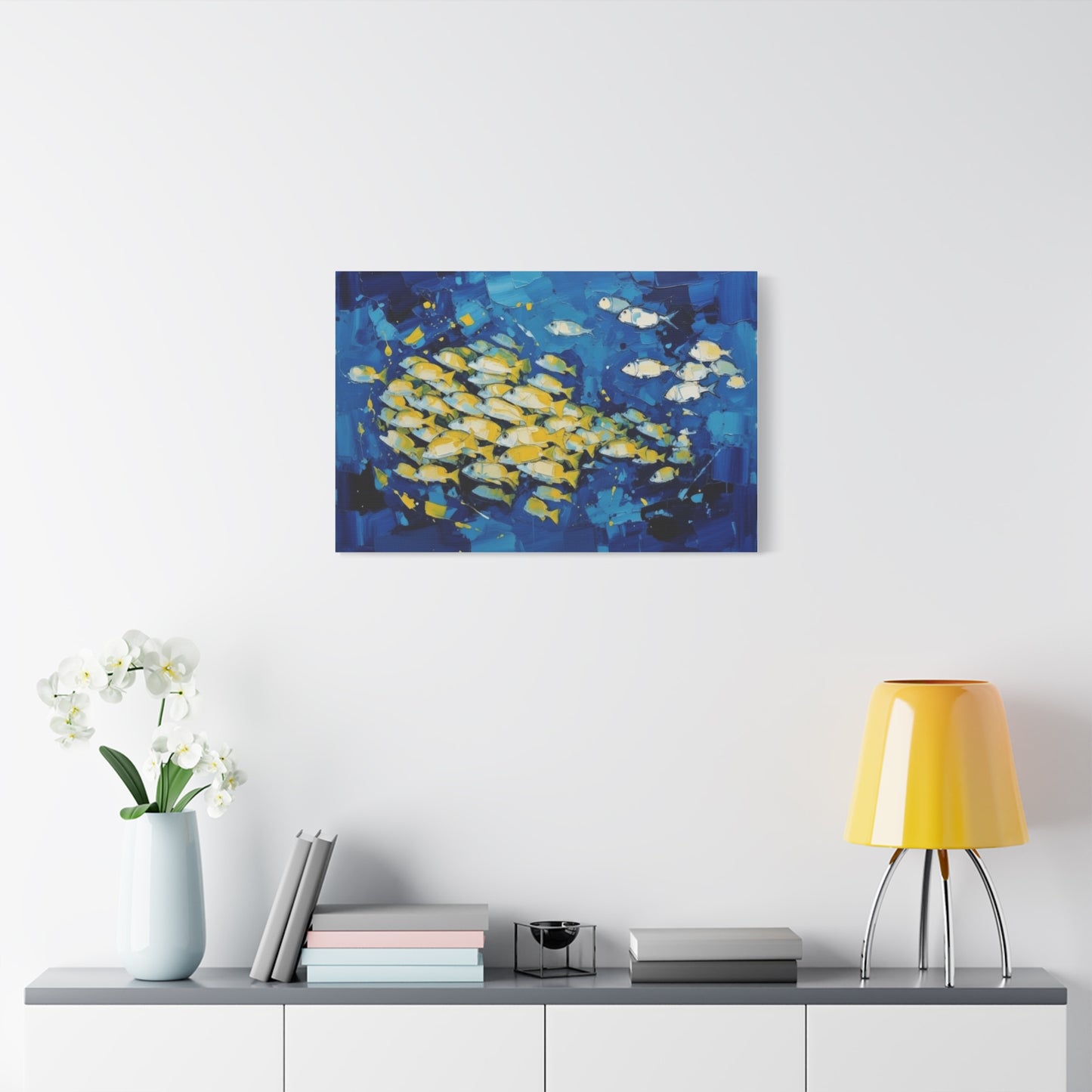 Canvas Wall Art - Blue School of Fish Matte Stretched Canvas