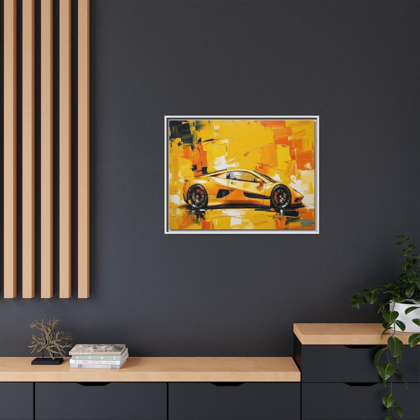 Yellow Sports Car Abstract Matte Canvas Framed Print