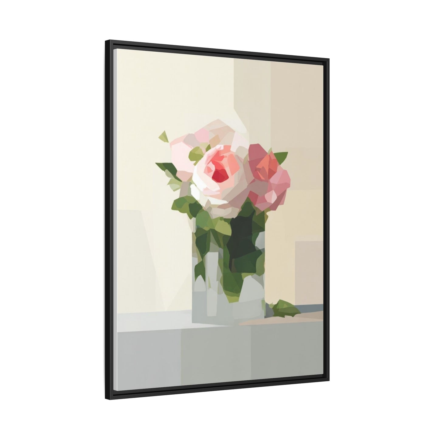 Framed Floral Canvas Print — Geometric Pink Rose Wall Art
