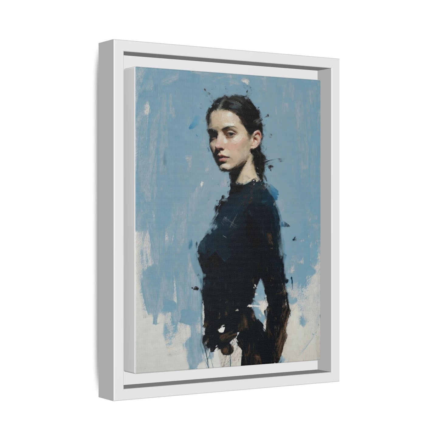 Framed Matte Canvas Portrait Print — Elegant Blue Woman Art