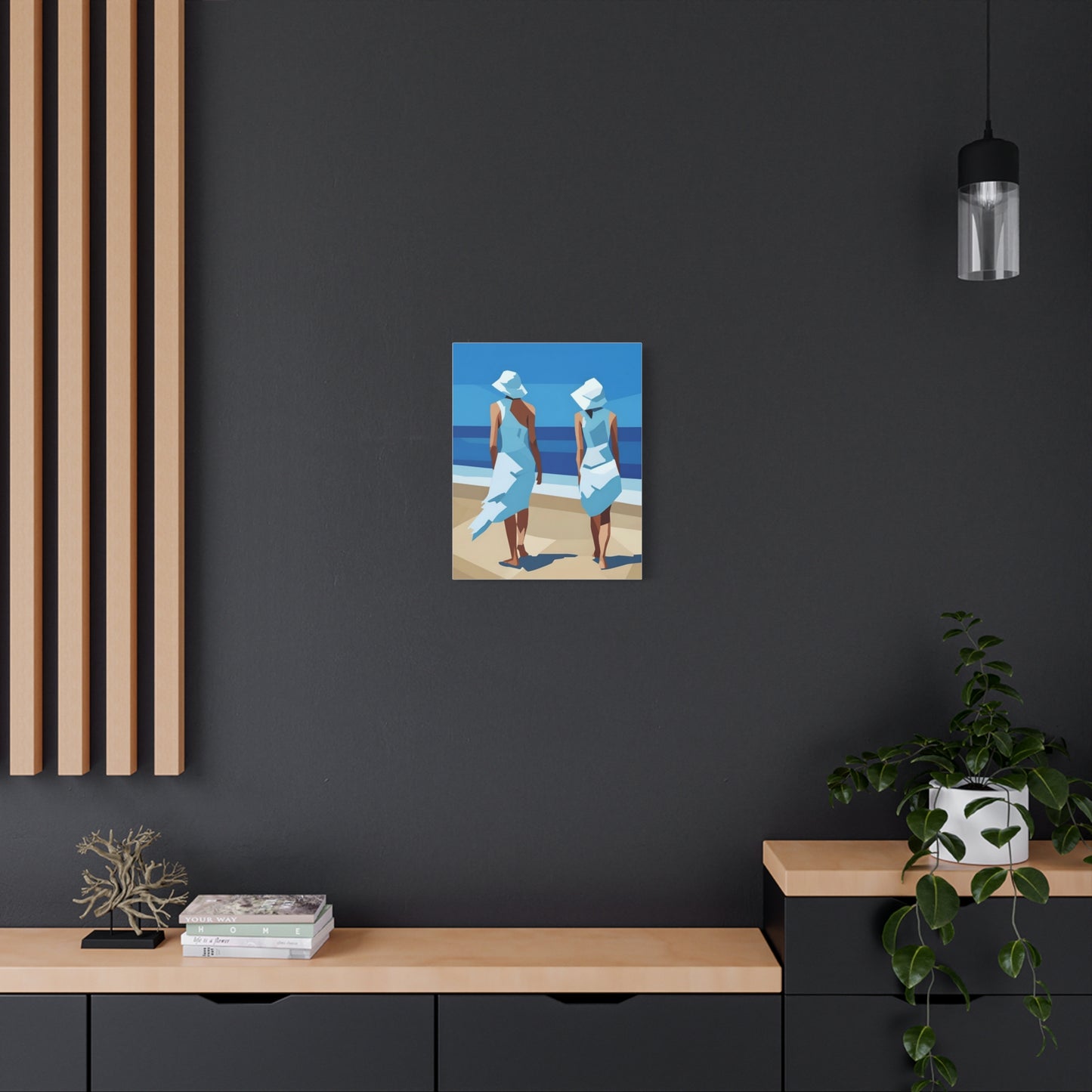 Beach Stroll Canvas Print — Two Women in Blue Sun Hats Matte Stretched