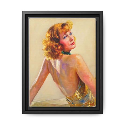 Framed Matte Canvas Print — Vintage Portrait of Redhead Greta Garbo in Gold Dress