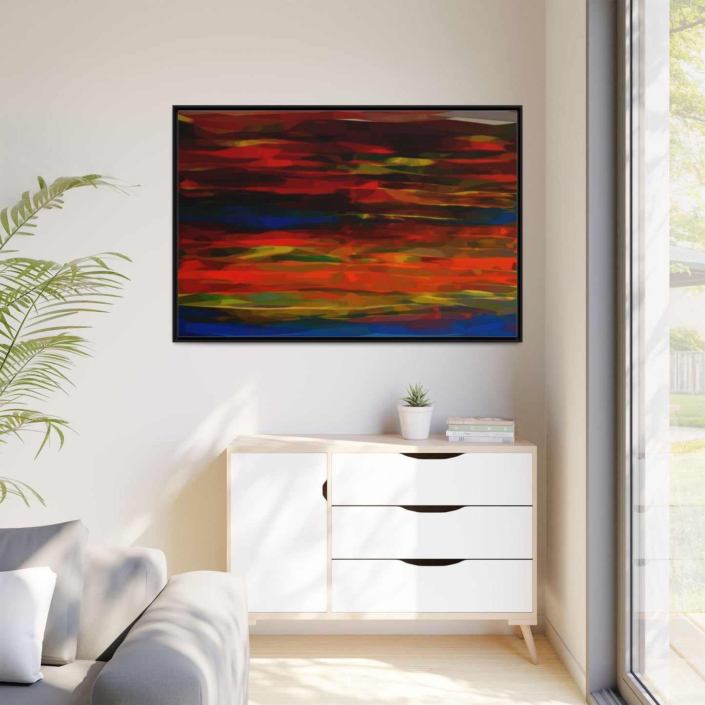 Abstract Multi-Color Matte Canvas Framed Wall Art — Bold Red & Blue Modern Painting