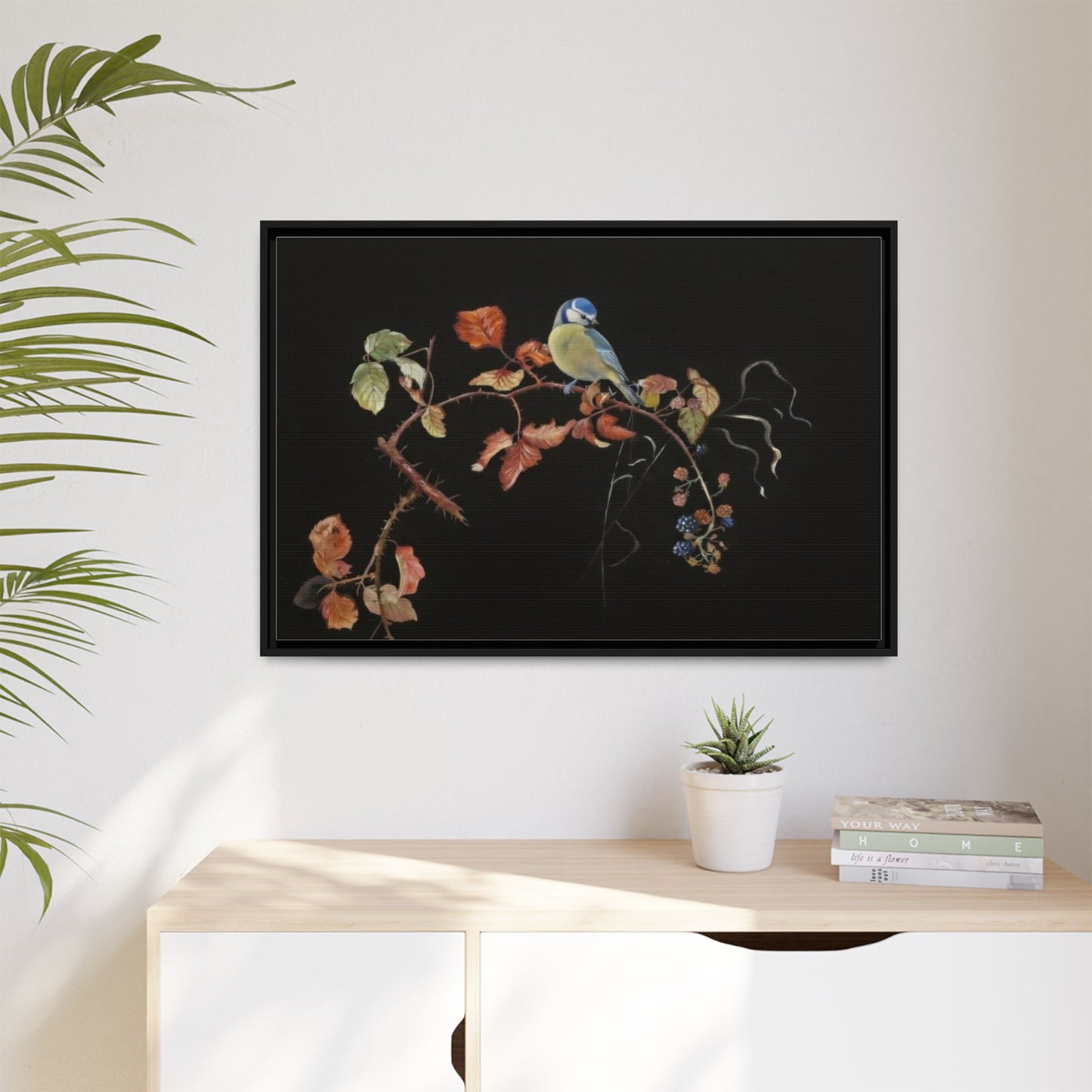 Framed Matte Canvas - Blue Tit on Autumn Branch Wall Art