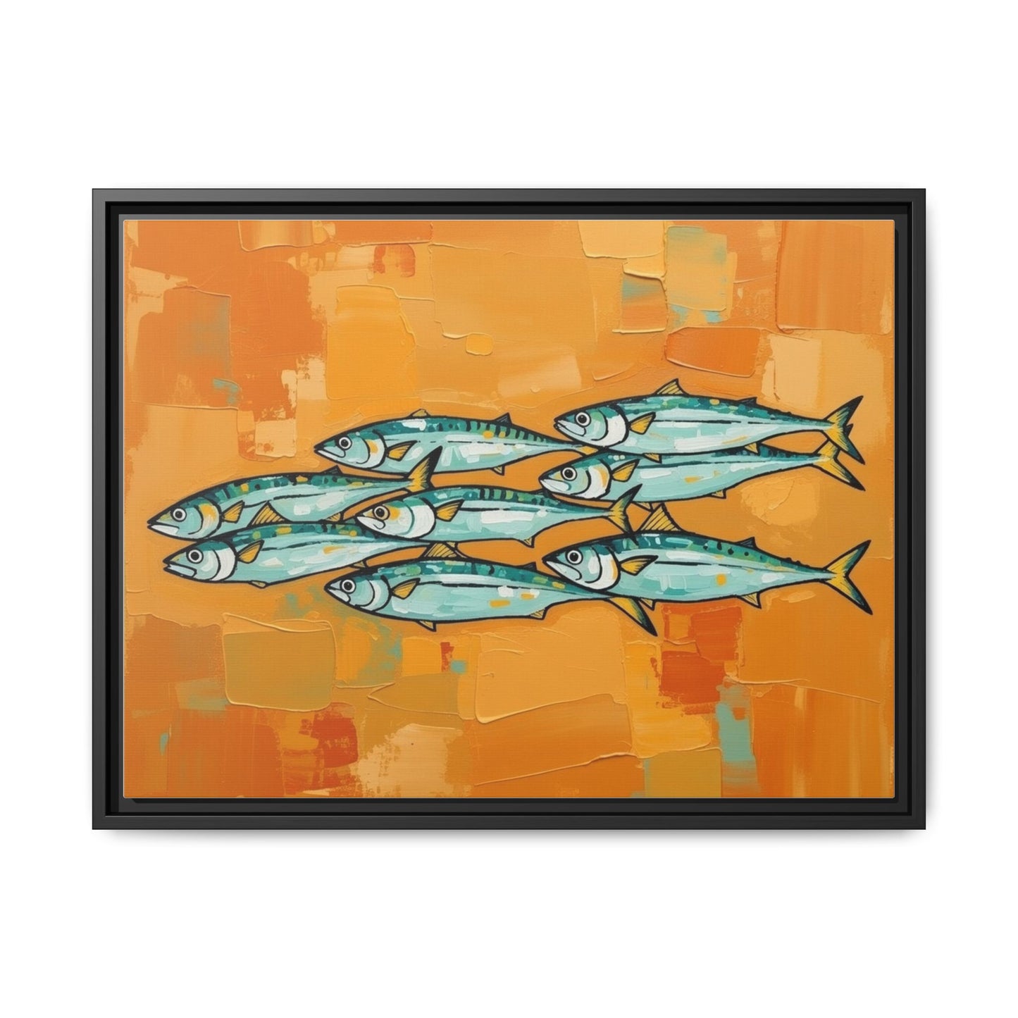 Framed Matte Canvas Print — School of Blue Fish on Orange Abstract Background