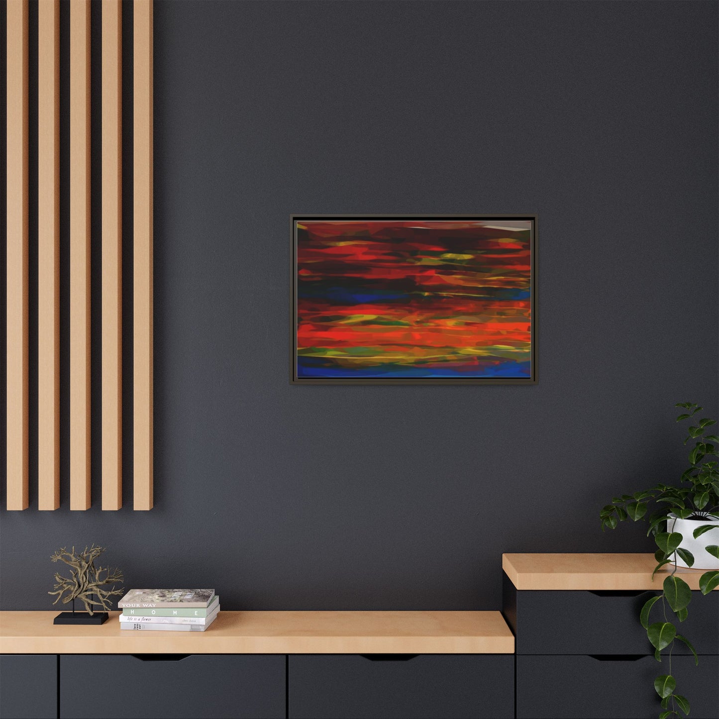 Abstract Multi-Color Matte Canvas Framed Wall Art — Bold Red & Blue Modern Painting