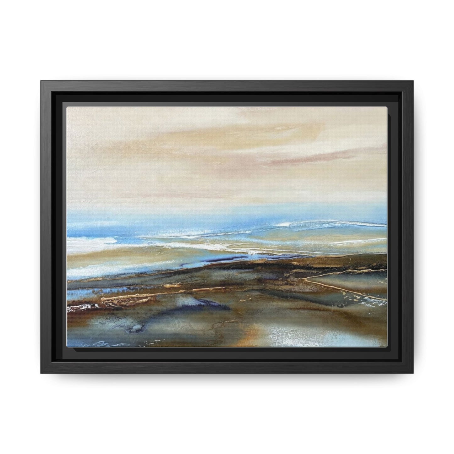 Framed Abstract Seascape Matte Canvas — Coastal Blue & Earth Tone Wall Art