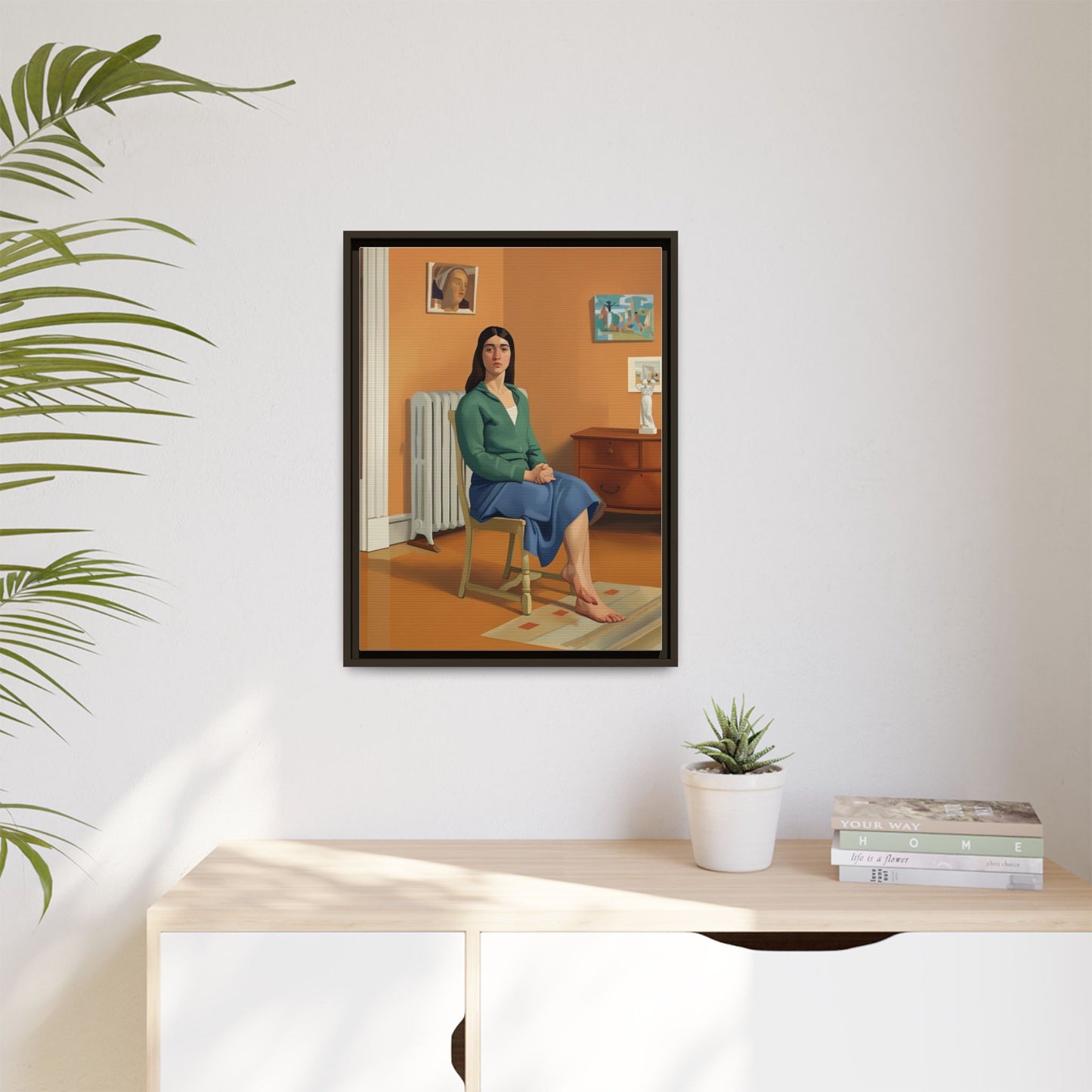 Framed Matte Canvas Print — Woman Seated in Warm Interior (Midcentury Portrait)