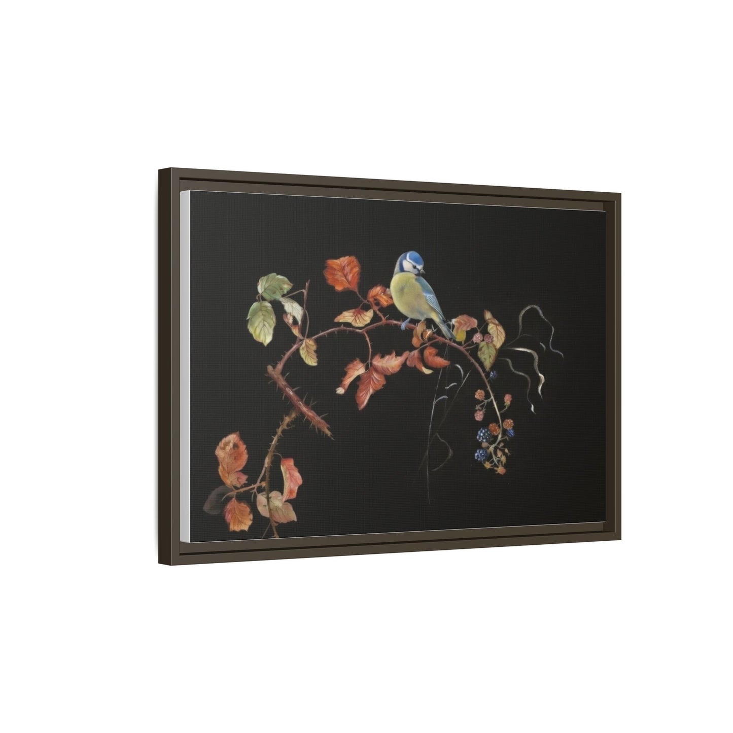 Framed Matte Canvas - Blue Tit on Autumn Branch Wall Art