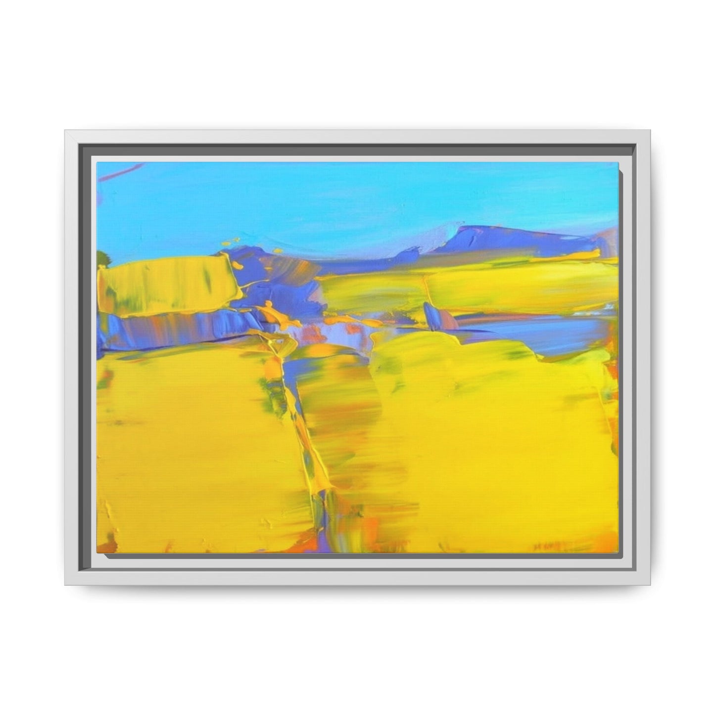 Framed Matte Canvas  Vibrant Yellow Blue Abstract Landscape Art