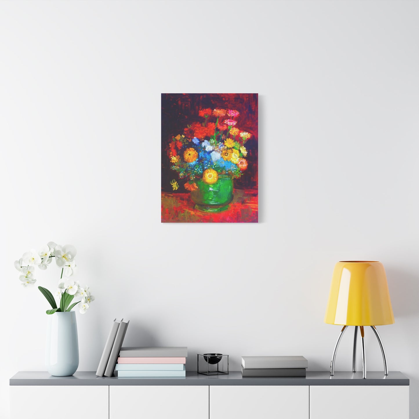 Floral Still Life Canvas Print — Vibrant Bouquet in Green Vase