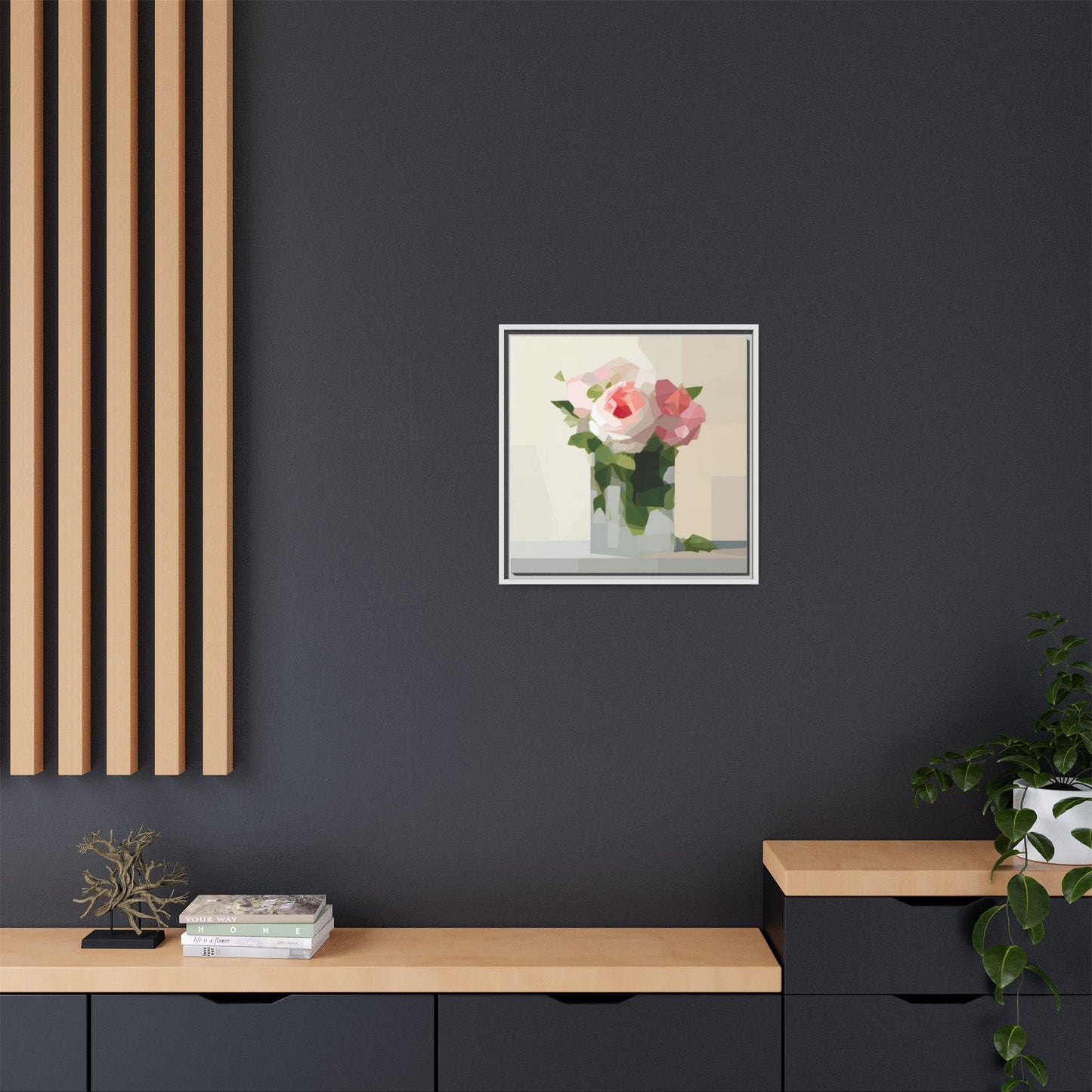 Framed Floral Canvas Print — Geometric Pink Rose Wall Art