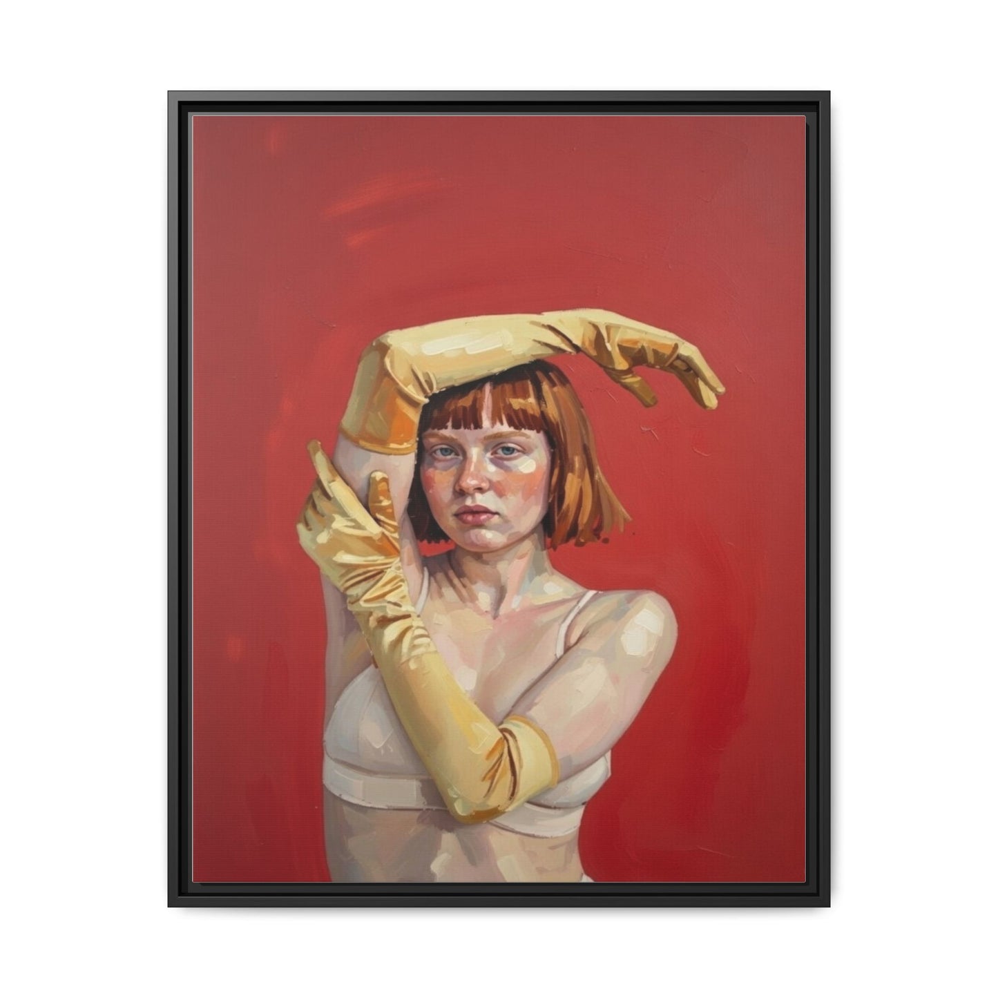 Framed Matte Canvas Art - Portrait of Woman in Yellow Gloves (Red Background)