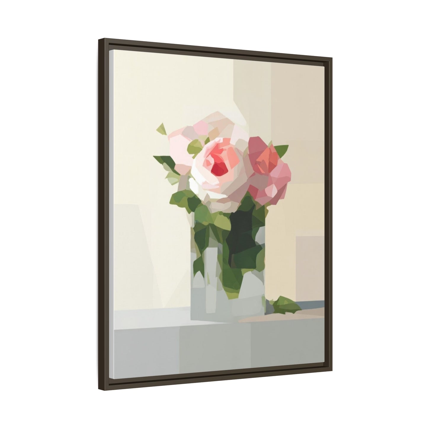 Framed Floral Canvas Print — Geometric Pink Rose Wall Art