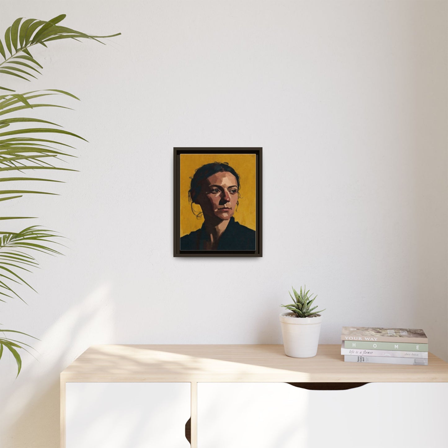 Framed Matte Canvas Portrait Art — Moody Woman on Mustard Background