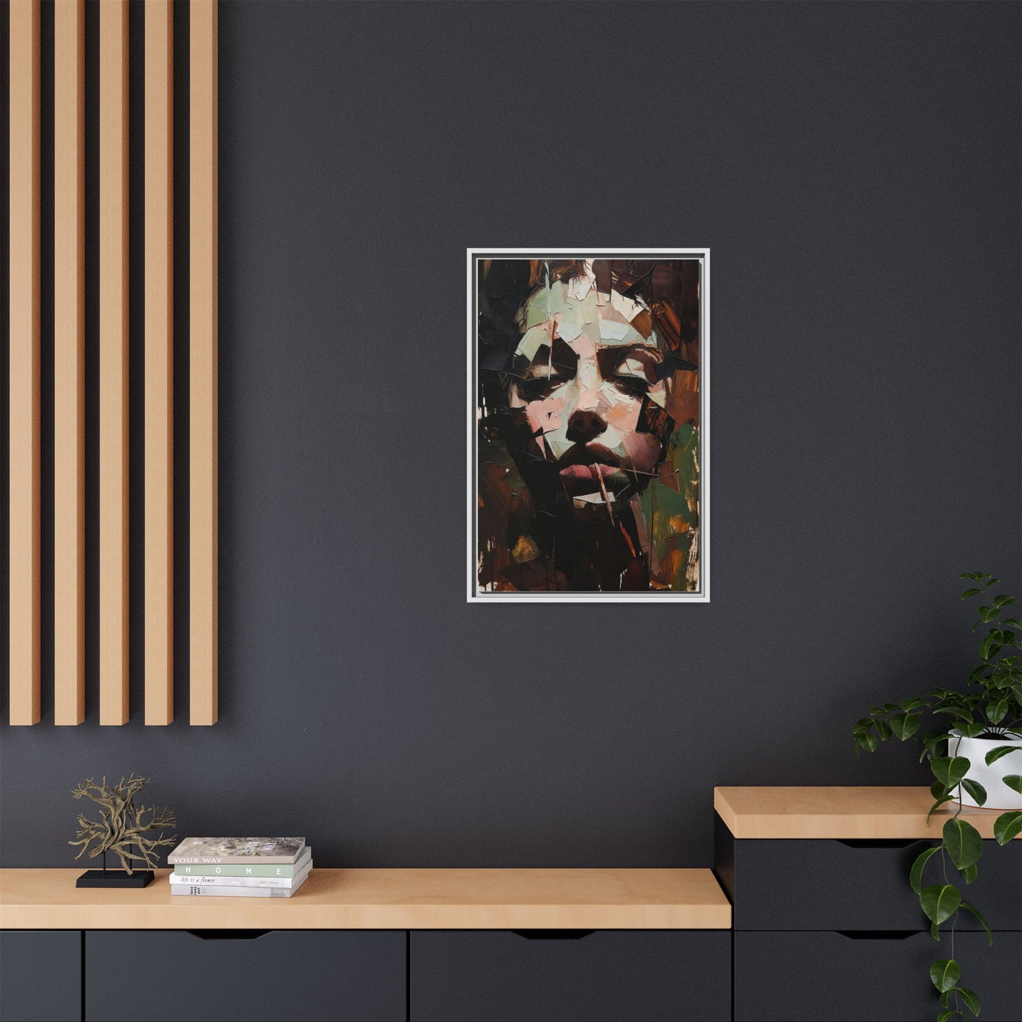 Matte Framed Canvas Art — Abstract Female Portrait, Moody Multicolor