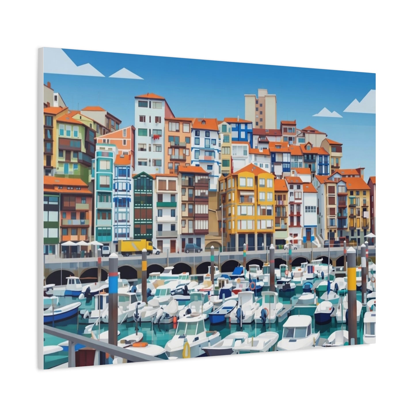 Colorful Coastal Harbor Matte Canvas Print — Stretched Wall Art