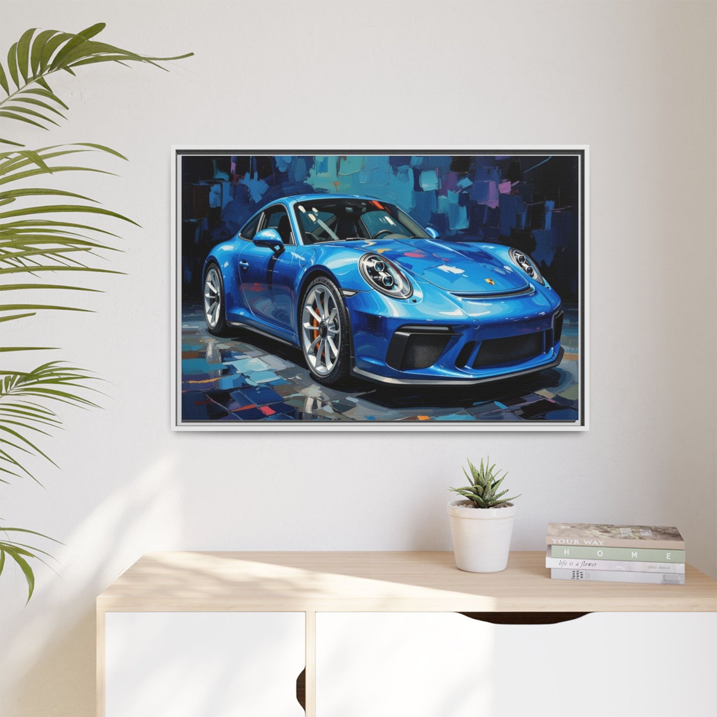 Blue Sports Car Matte Canvas Framed Print — Modern Automotive Wall Art