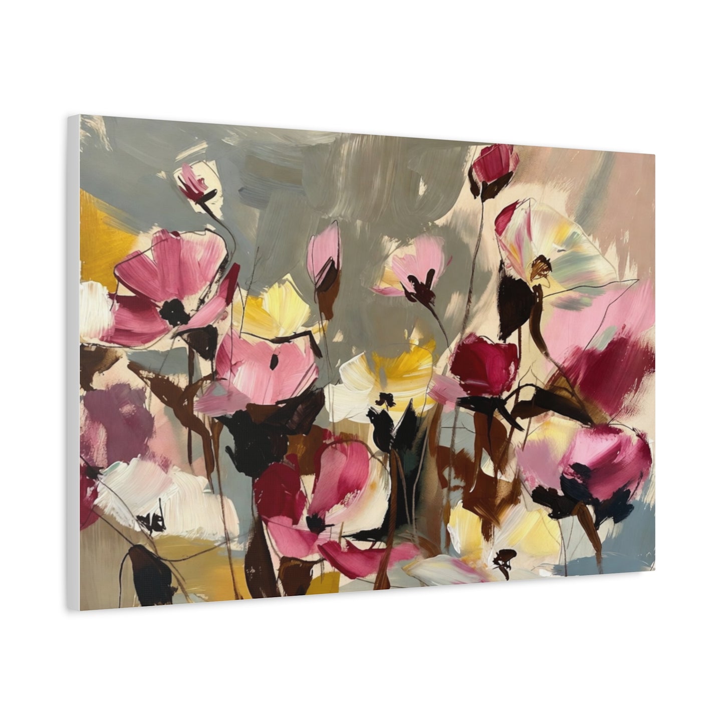 Floral Abstract Canvas Wall Art — Pink & Yellow Bloom Stretched Matte Print