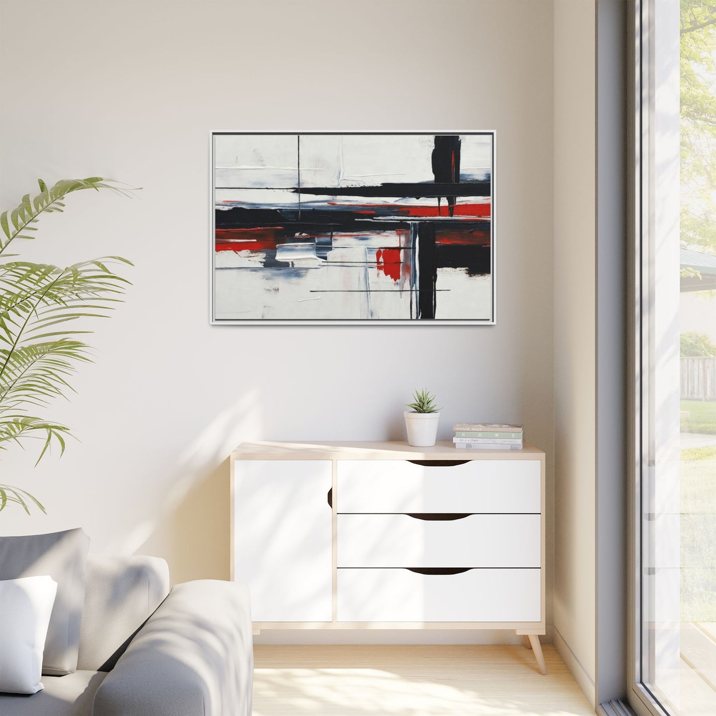 Abstract Red & Black Framed Canvas Art — Modern Matte Wall Painting