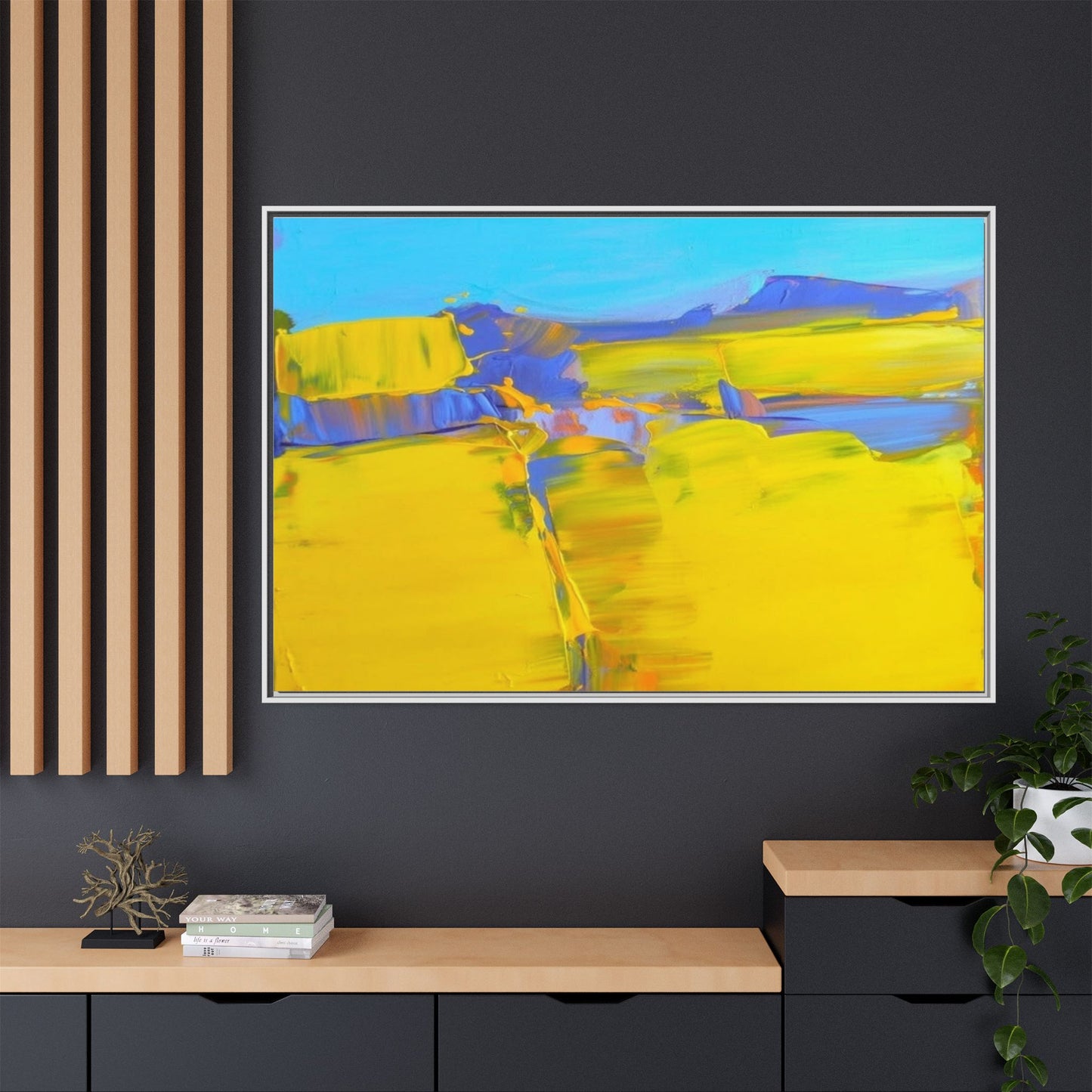 Framed Matte Canvas  Vibrant Yellow Blue Abstract Landscape Art