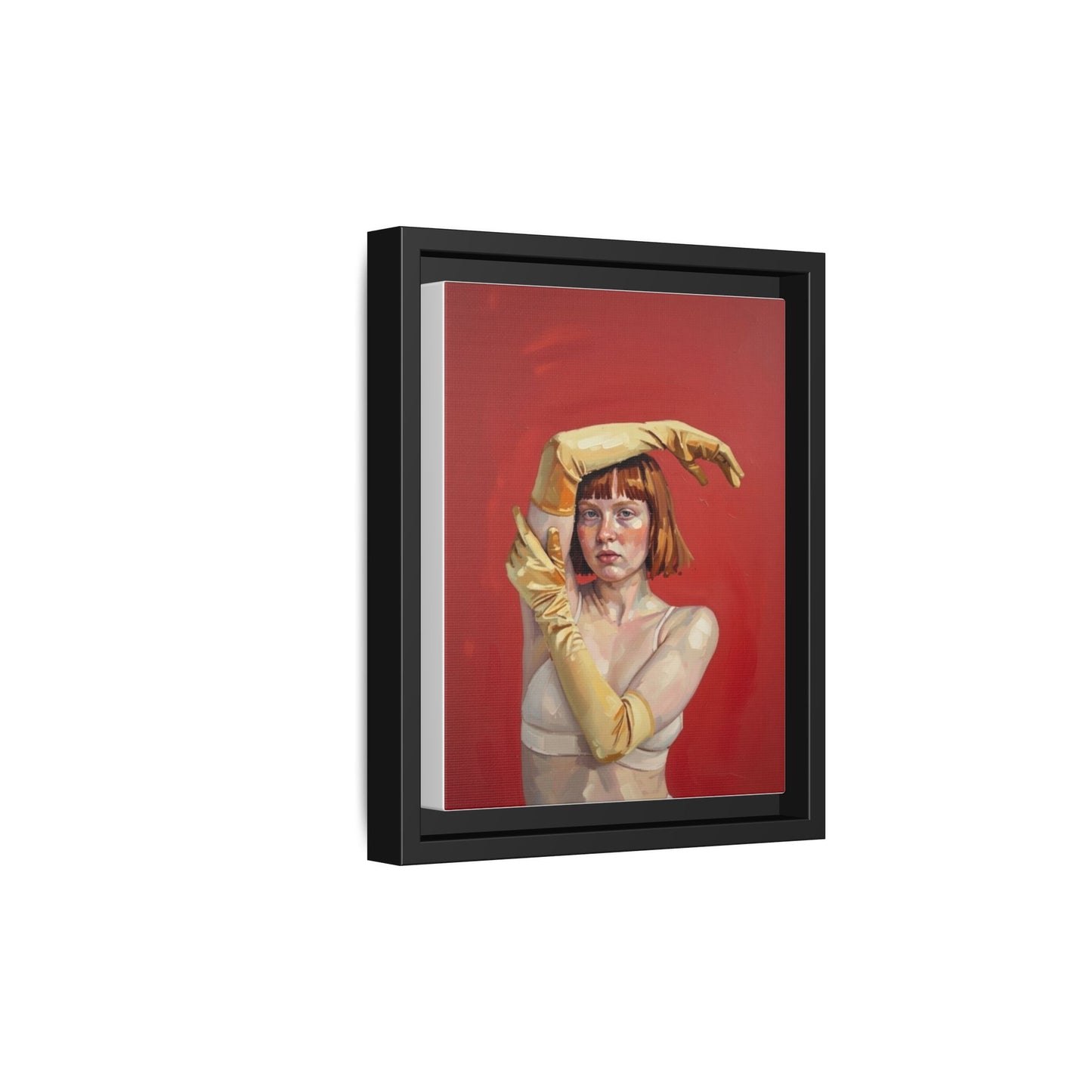 Framed Matte Canvas Art - Portrait of Woman in Yellow Gloves (Red Background)