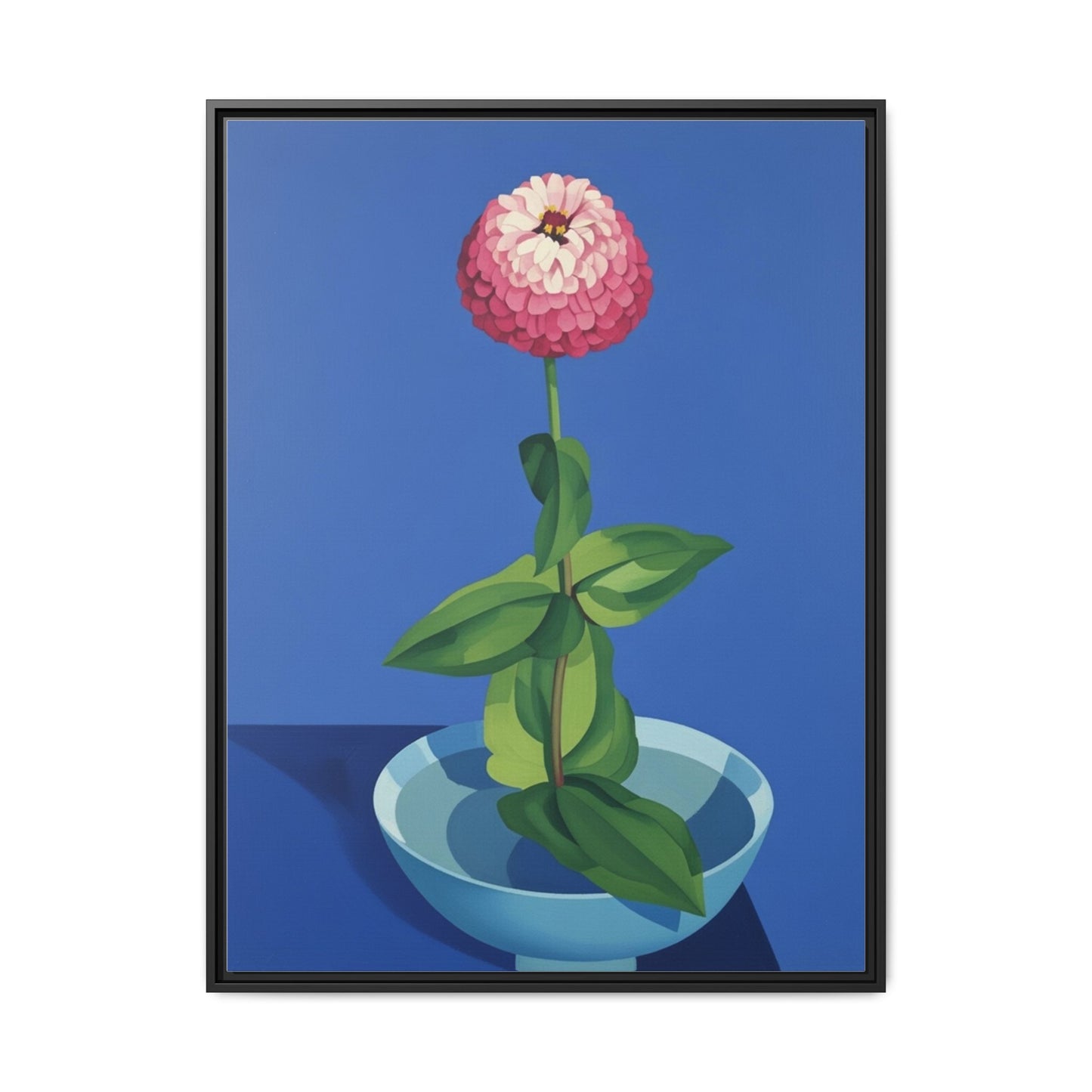 Framed Matte Canvas Art — Pink Zinnia in Blue Bowl (Botanical Still Life)