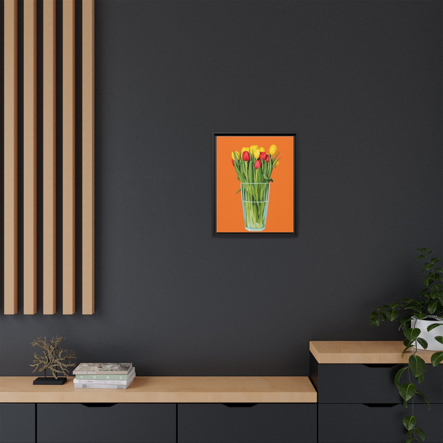 Framed Tulip Canvas Print — Colorful Tulips in Glass Vase