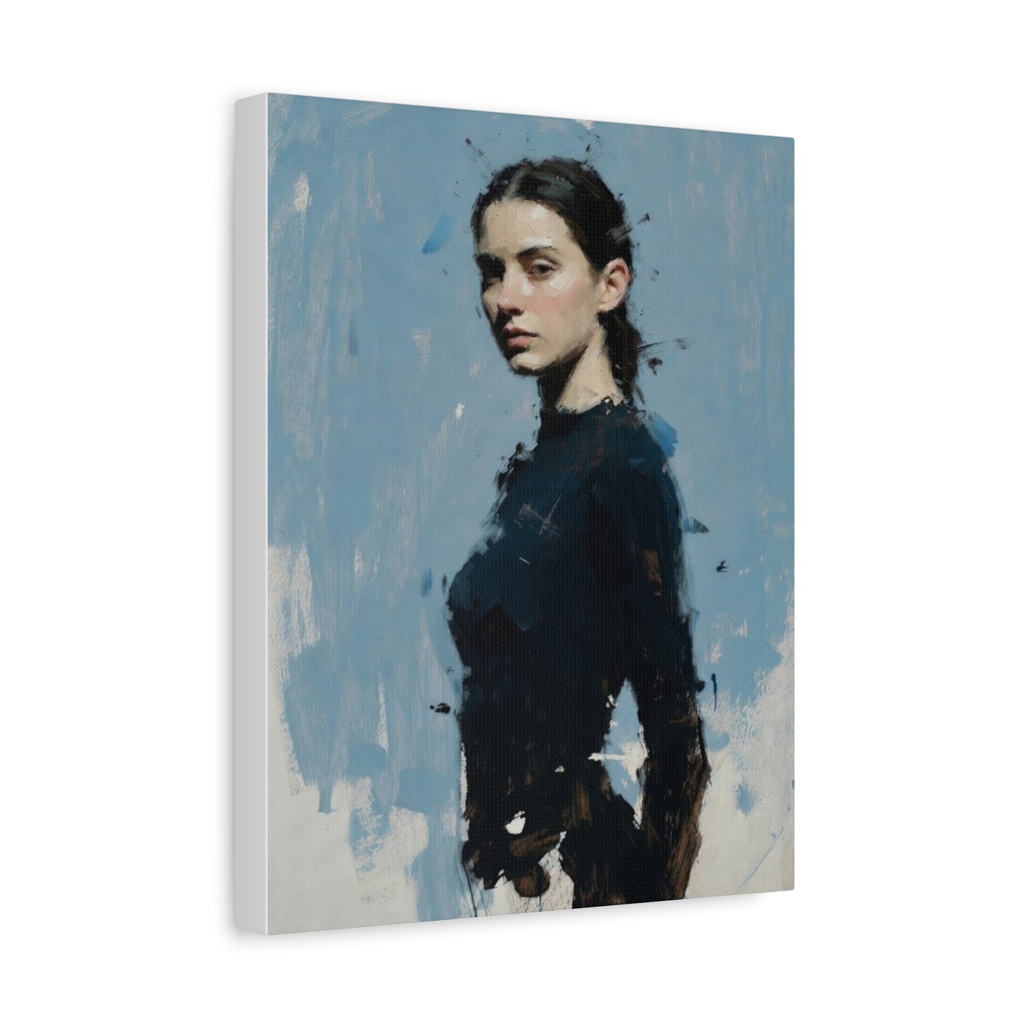 Matte Stretched Canvas Print — Portrait of a Young Woman, Moody Blue Figurative Art