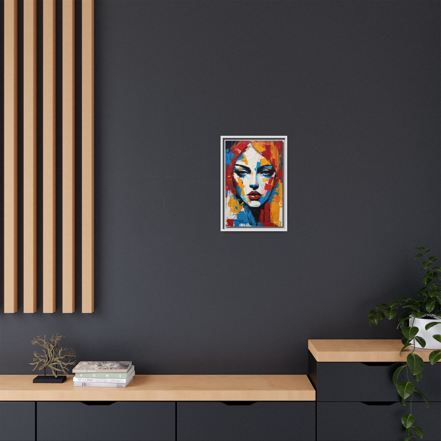 Framed Abstract Portrait Canvas — Colorful Female Face Wall Art