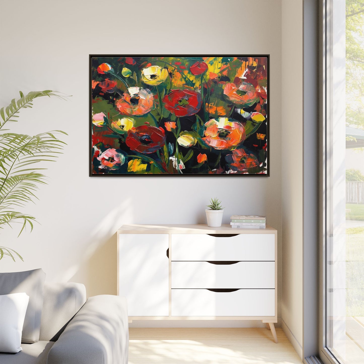 Framed Floral Canvas Print — Vibrant Abstract Poppies Wall Art