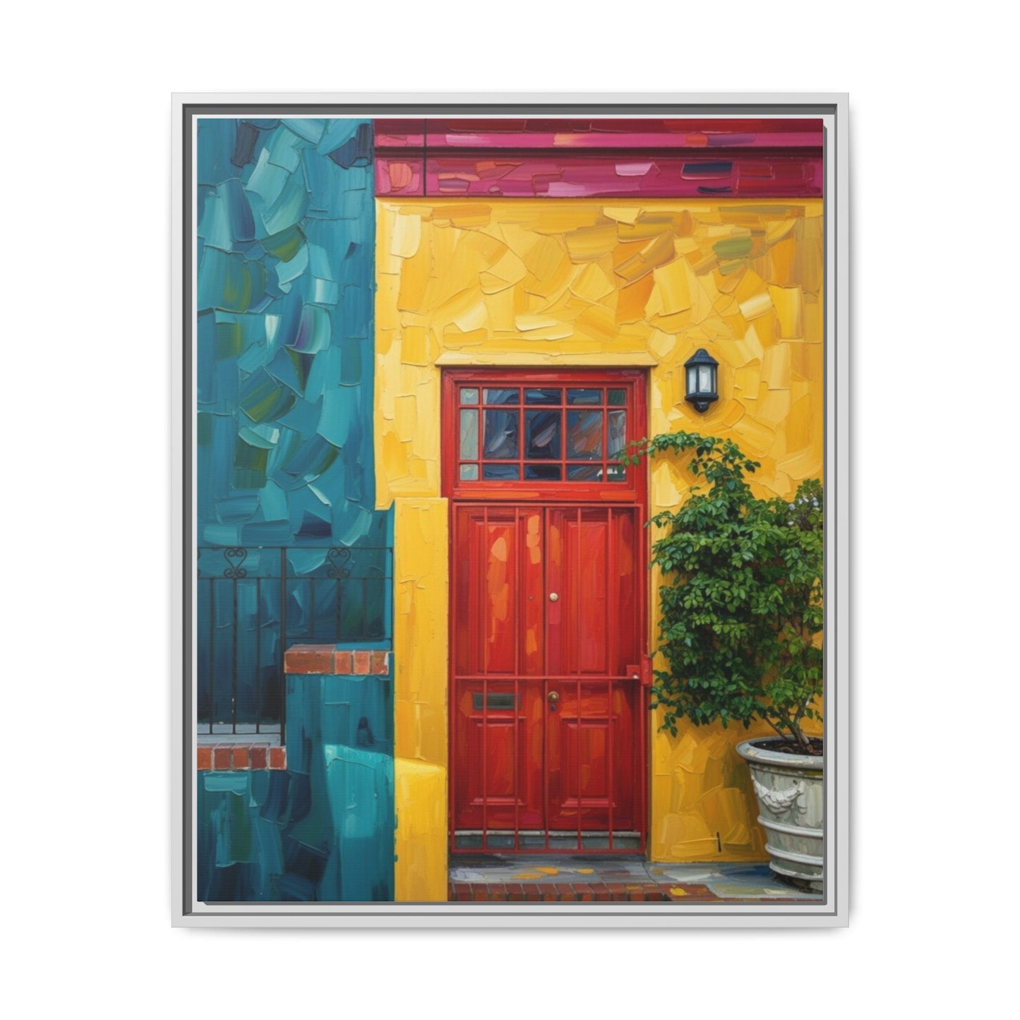 Framed Matte Canvas Wall Art — Colorful Red Door on Yellow Facade