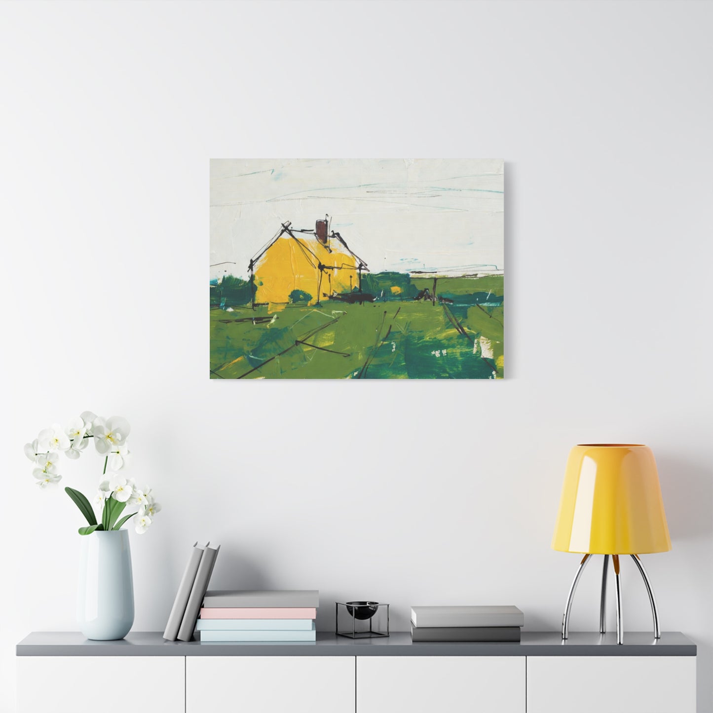 Yellow Cottage Landscape Canvas - Matte Stretched Wall Art