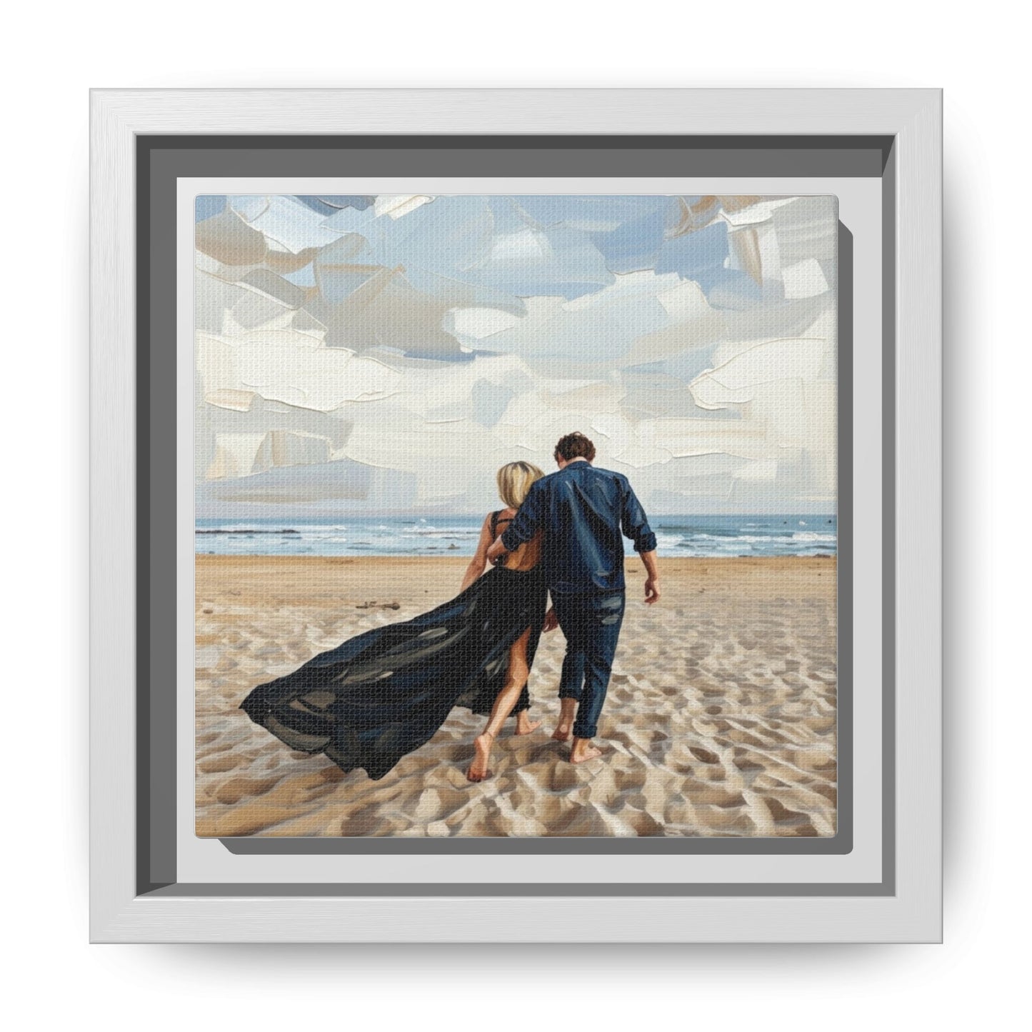 Framed Canvas Wall Art — Romantic Couple Walking on Beach Print