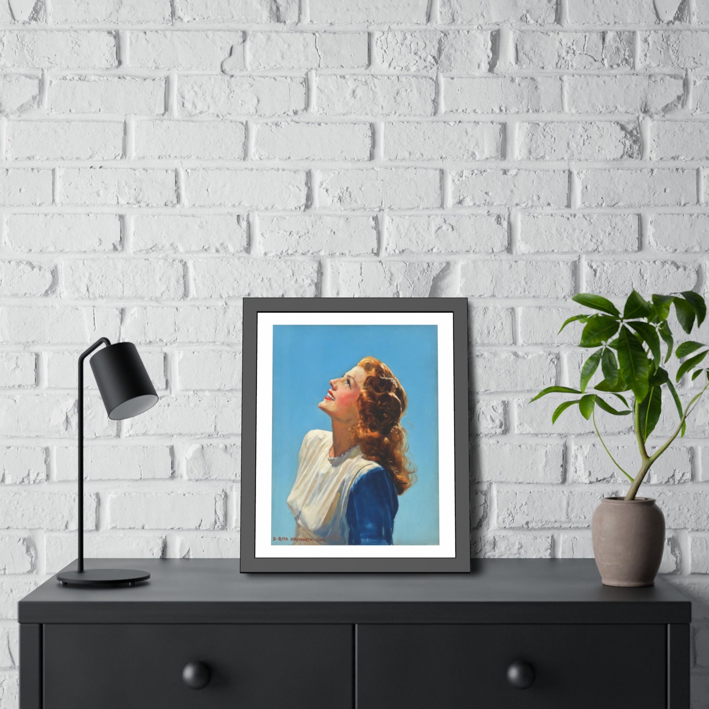 Vintage Rita Hayworth Looking Up Framed Art Print — Retro Mid-century Poster