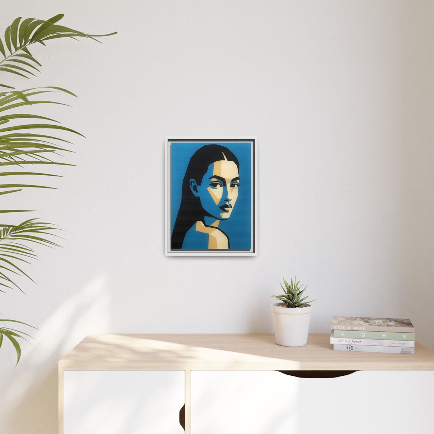 Framed Pop Art Portrait Canvas — Blue Geometric Woman Print