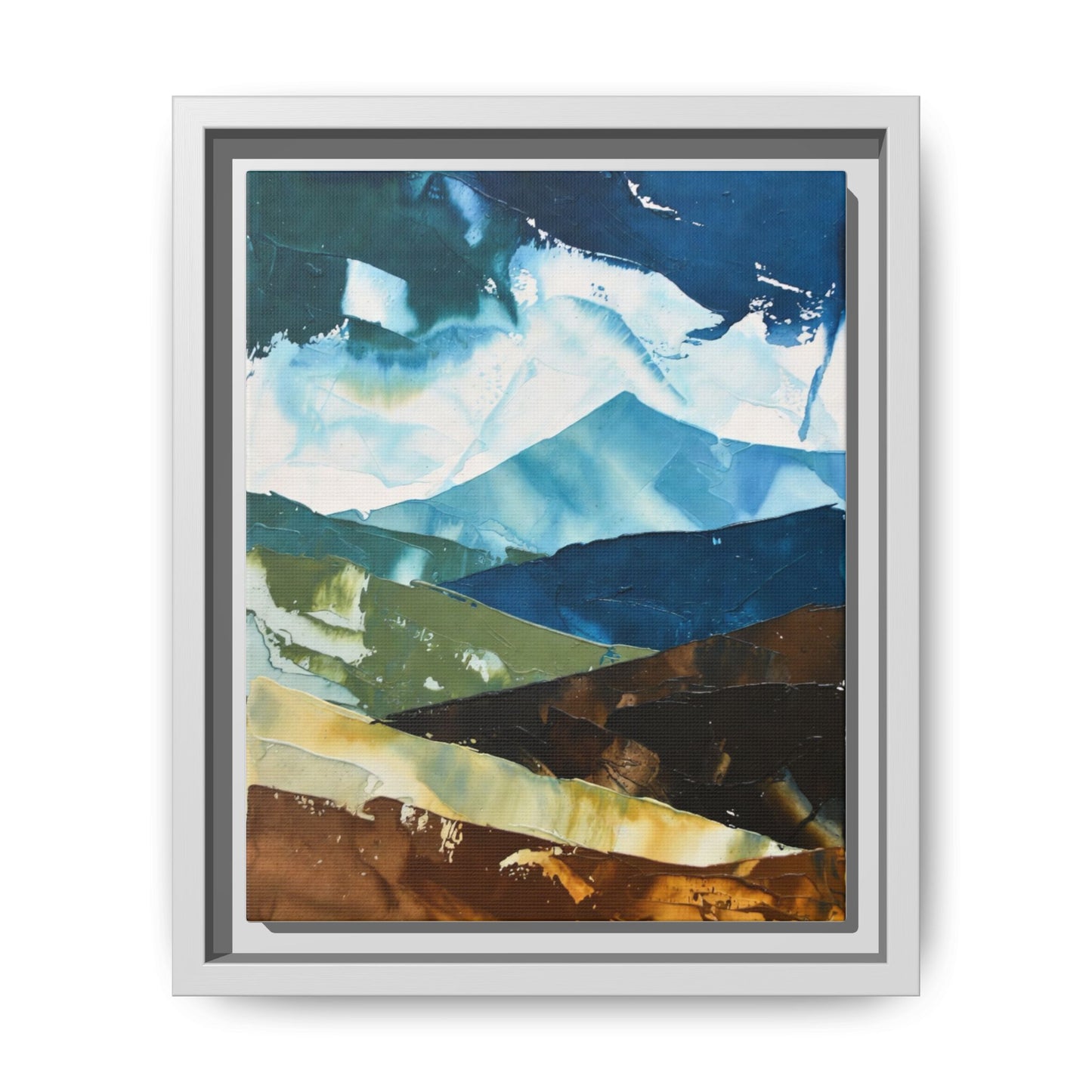 Framed Abstract Mountain Canvas Art — Blue & Earthtone Landscape Print