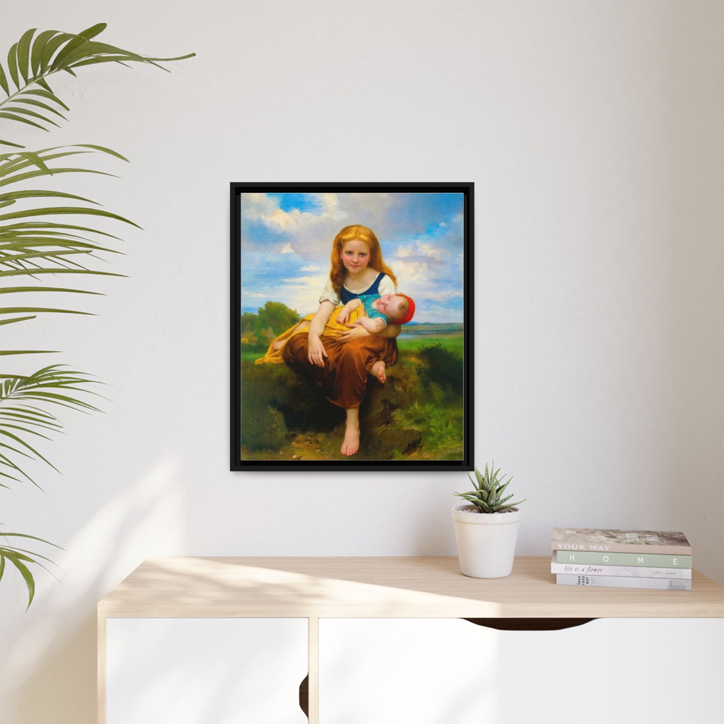 Young Girl Holding Sleeping Baby Canvas Print, Framed Wall Art
