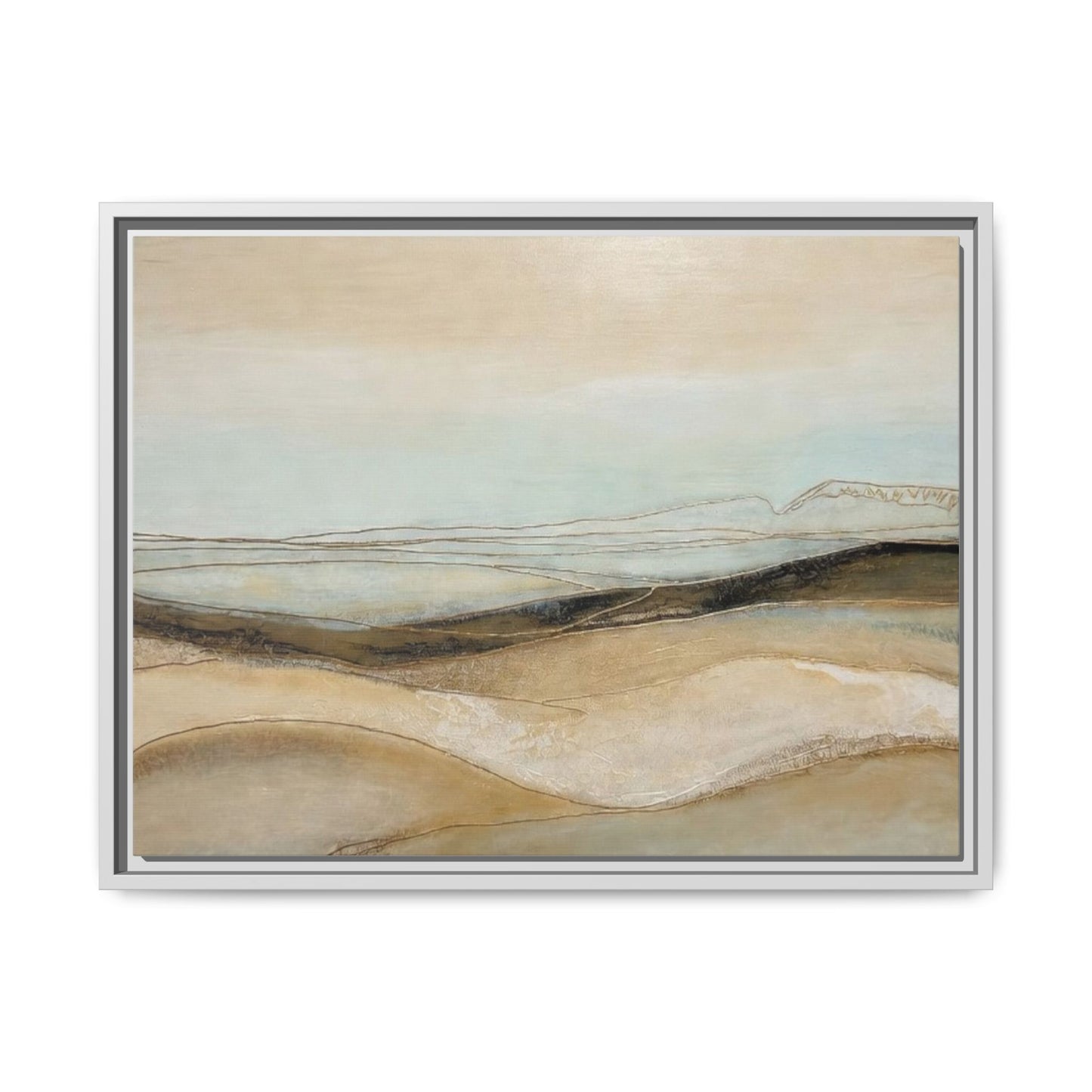 Framed Matte Canvas Wall Art — Neutral Abstract Landscape in Soft Blues & Earth Tones